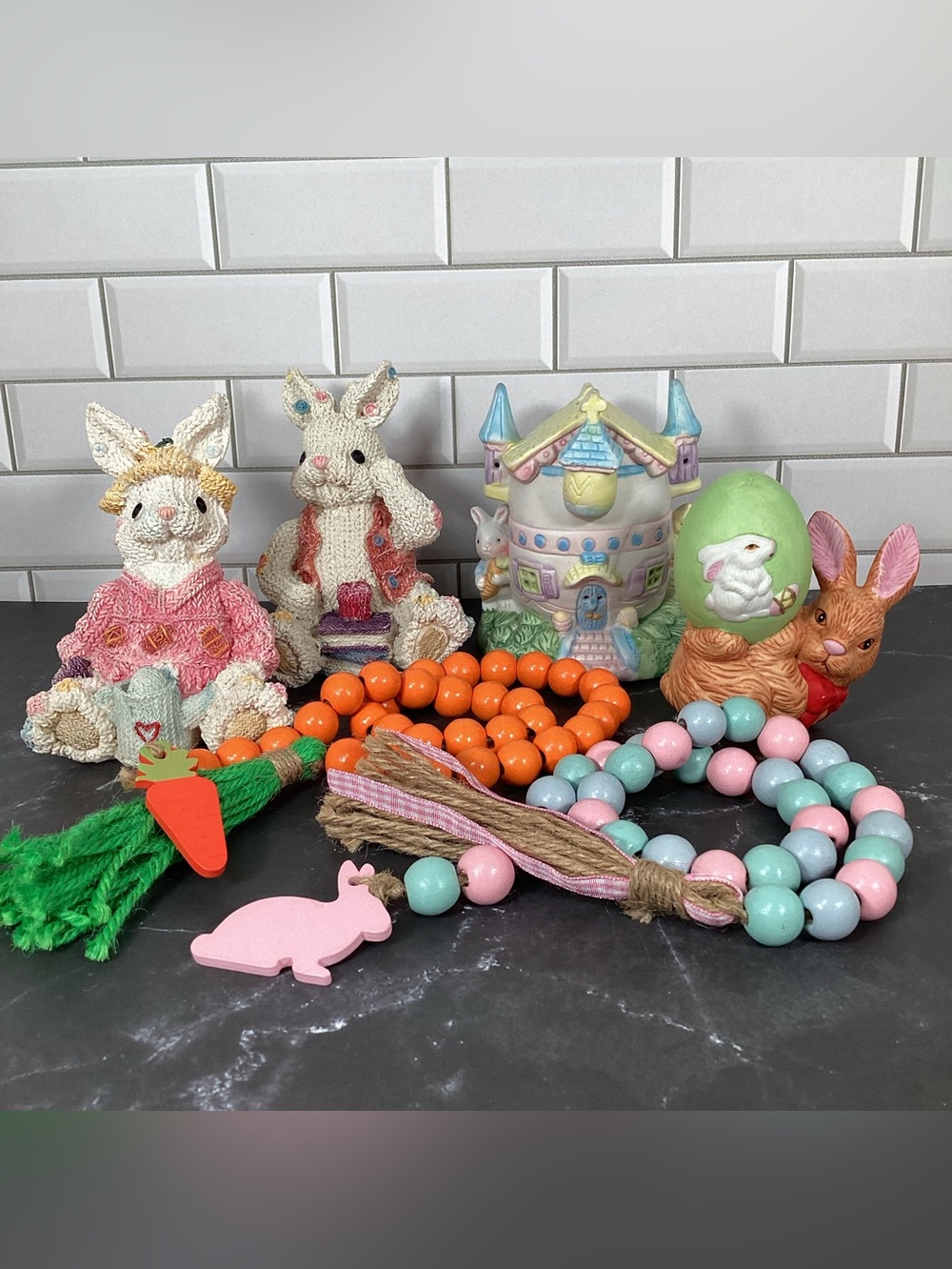 Easter Décor Lot Bunnies Figurines Tealight Candle Holder Wood Bead Garland